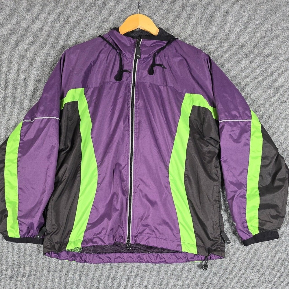 Road Runner Ladies Windbreaker Jacket Purple Green Black Hooded Zip Up Size M